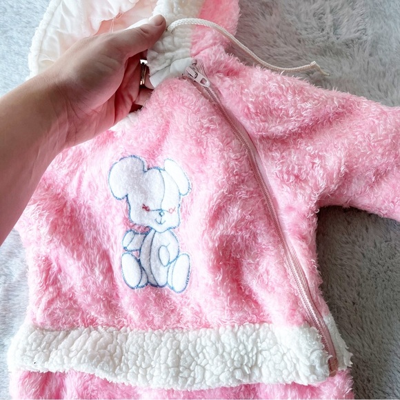 VINTAGE Pink Fuzzy Hooded Onesie with Teddy Bear - Picture 6 of 11